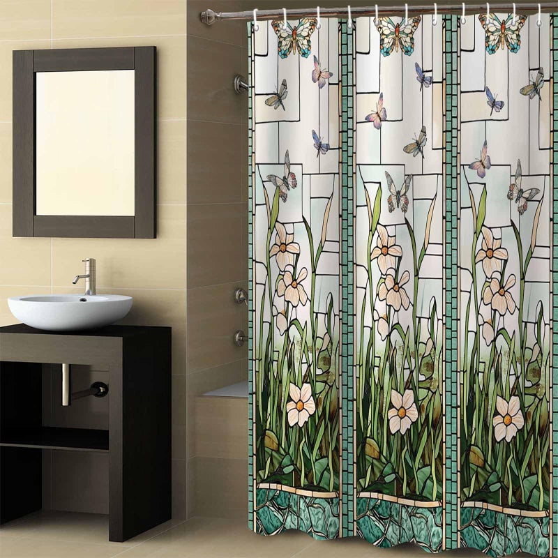 EZON-CH Waterproof Shower Curtain Stained Glass Meadow Flower Dragonfly Print Polyester Fabric Bath Curtain Home Hotel Apartment Bathroom Shower Curtain Long 72x96IN - Image 3
